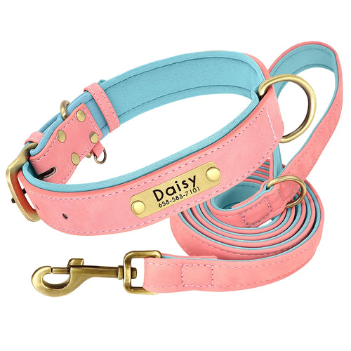 Customized Leather Dog Collar Leash Set Soft Padded Leather Collar For