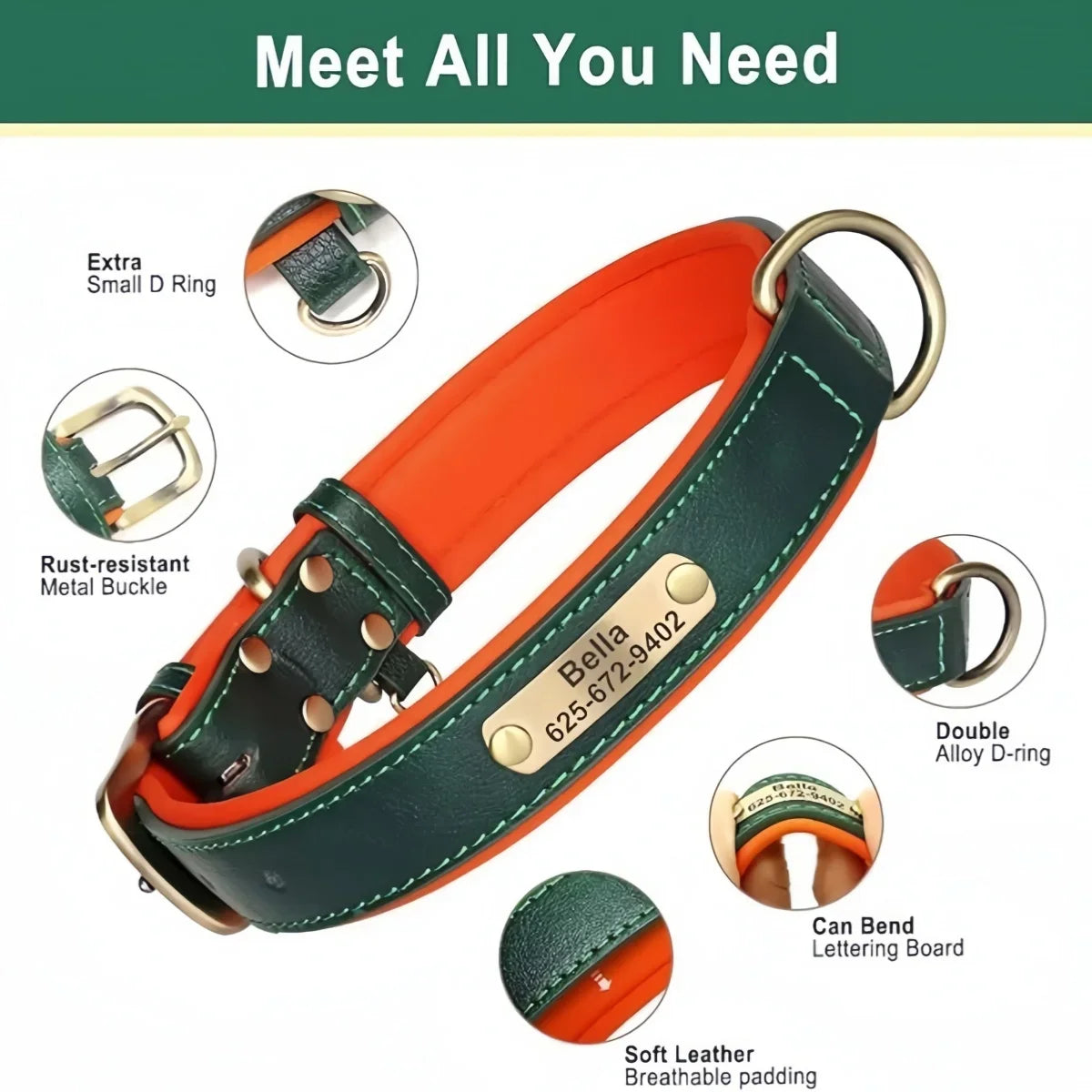 Customized Leather Dog Collar Leash Soft Padded Leather Collar For